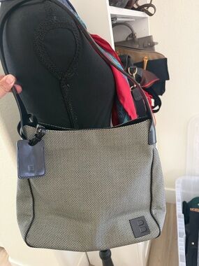 Bally Black and White Textured Shoulder Bag with Navy Trim